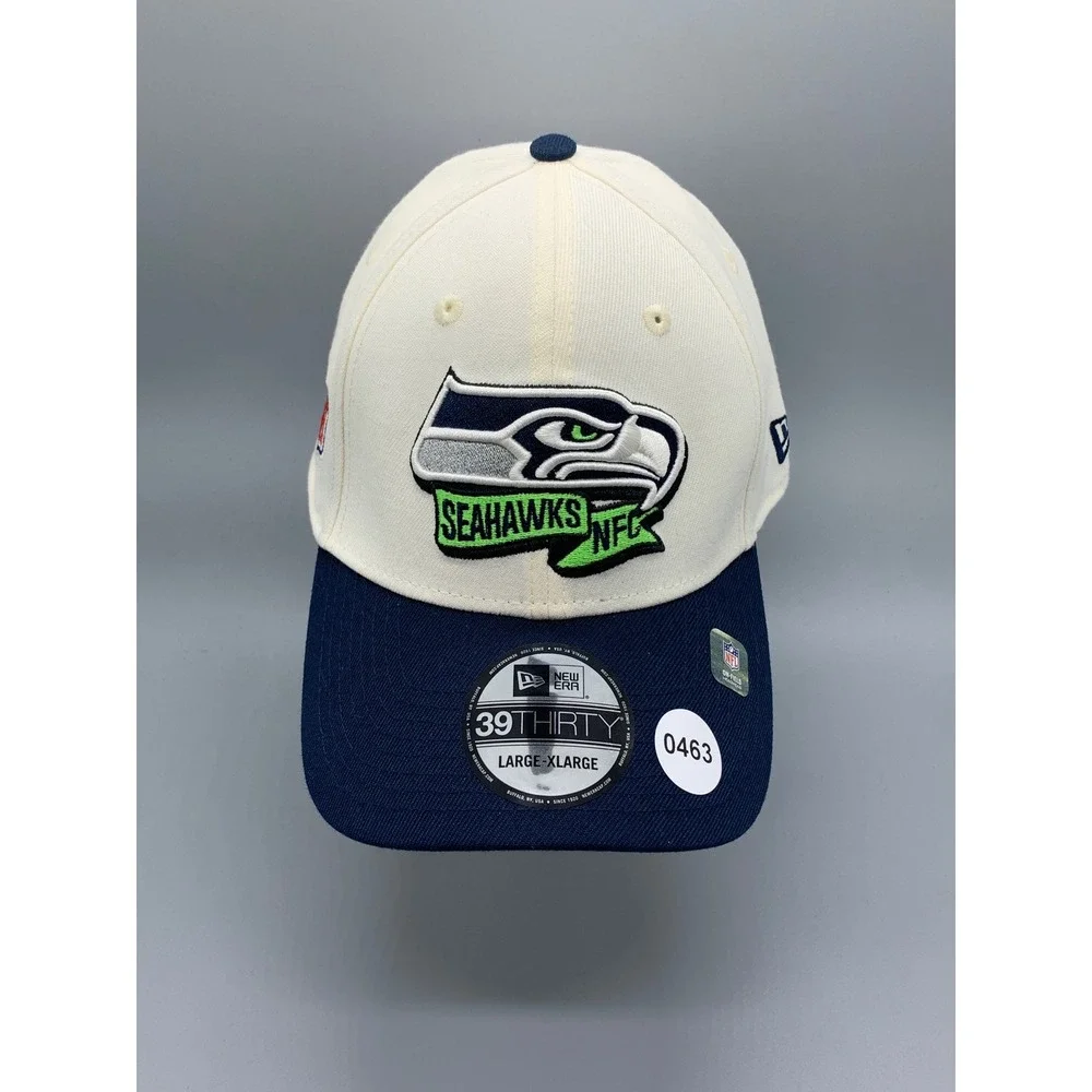 New Era 39THIRTY Seattle Seahawks NFL Hat Cream Navy Blue Mens Large-XLarge